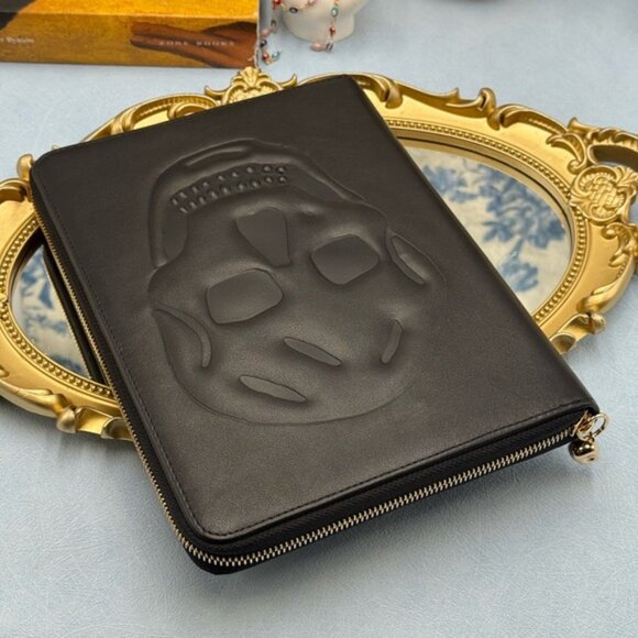 🆕 ALEXANDER MCQUEEN 🧿 NWOT Skull Embossed Leather Zip Portfolio / Agenda, Gold - Picture 12 of 14